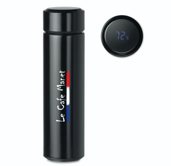 Čierna termoska s LED teplomerom a čajovým sitkom 450ml