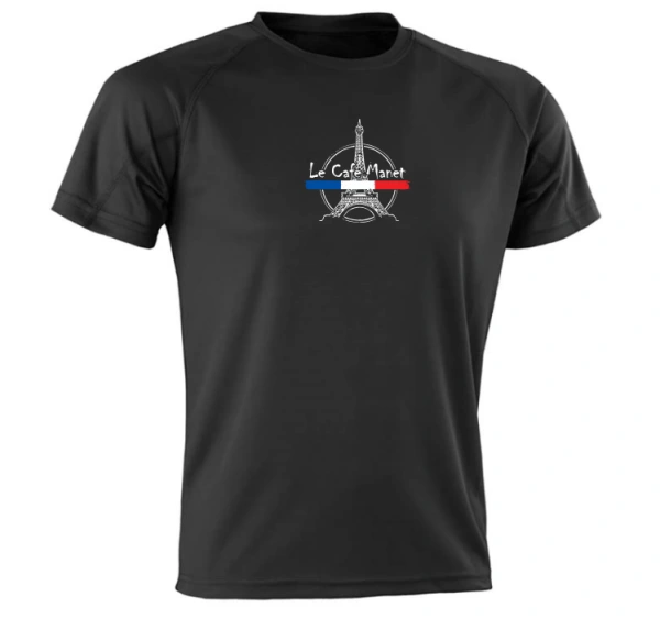 Unisex čierne športové tričko PERFORMANCE AIRCOOL s logom Eiffelovka & Le Cafe Manet