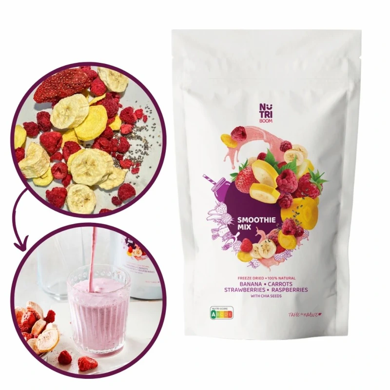 Smoothie instantný lyofilizovaný nápoj - Mix BANÁN, MALINA, JAHODA, MRKVA (500ml / 23g) 1